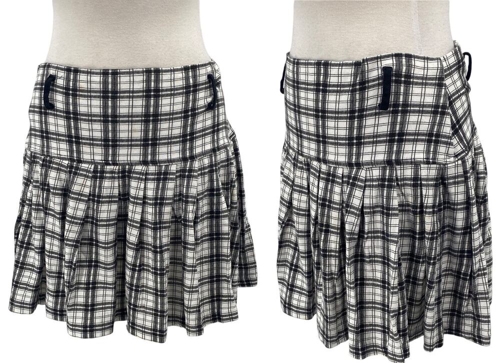 Vintage 90s Plaid Tartan Pleated Mini Skirt Cotton Knit White Black Womens 10/12